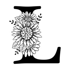 Letter L with sunflowers. Farmhouse monogram in vintage style. Black silhouette of letter for cutting on plotter, print. L symbol for family logo, name tag badge. Vector illustration isolated on white
