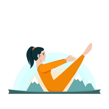 A girl is doing Pilates on a mat, against the background of the sun and mountains. Flat style, vector graphics 