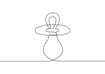 One line drawing baby pacifier, soother. Continuous line Vector illustration isolated on white background.