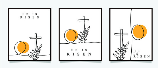 Easter Poster Set. He Is Risen Concept With Minimal Vector Line Art.