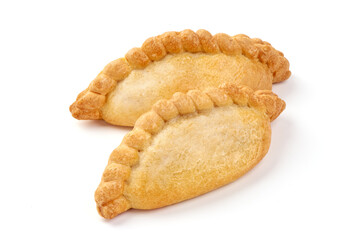 Freshly baked patties, isolated on white background.