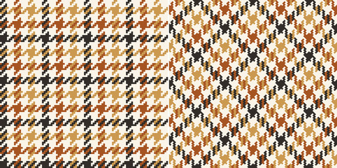 Tweed check plaid pattern in cognac brown, gold, beige. Seamless pixel textured simple houndstooth set for scarf, jacket, coat, skirt, dress, other modern spring autumn winter fashion textile print.
