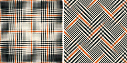 Glen check plaid pattern for spring autumn winter. Seamless pixel textured tartan tweed plaid in black, orange, beige for dress, scarf, jacket, coat, skirt, blanket, other fashion fabric print. - obrazy, fototapety, plakaty