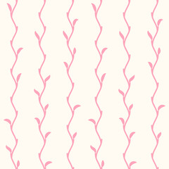 Lovely pink seamless pattern. Thin wavy twigs with young leaves. Endless texture for wallpaper, web page, wrapping paper, invitation cards