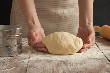 A woman holds a dough in her hands