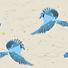 Seamless pattern from new collection with birds. Flight of the blue jay.