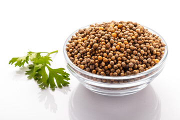 coriander seeds in a glass bowl close up