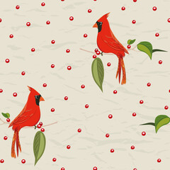 Seamless pattern from new collection with birds. Red cardinal.