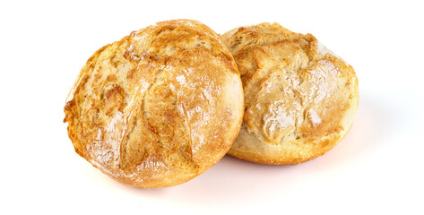 reshly baked rustic buns, French rolls, isolated on white background. High resolution image.