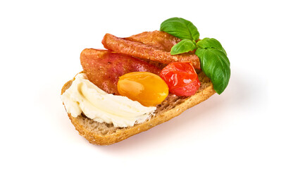 Bruschetta with cream cheese, isolated on white background. High resolution image.