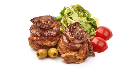 Roasted pork rolls, BBQ, isolated on white background.