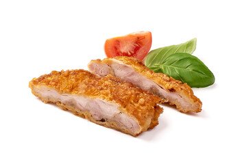 Homemade breaded pork schnitzel, close-up, isolated on white background.
