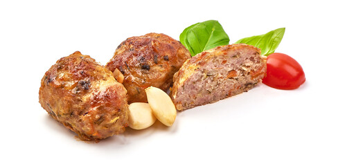 Grilled cutlets, fried meatballs, isolated on white background.