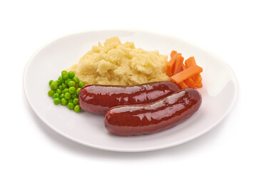 Bangers and mash, Traditional British cuisine, isolated on white background.
