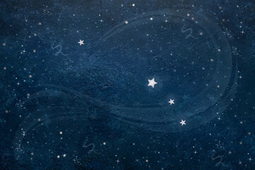 Astronomical Celestial pattern Constellation Aries from star shape silver confetti on the blue background.