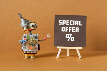 Special offer. The concept of a discount, a guaranteed unique price. The robot points to a poster...