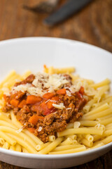 maccheroni pasta with sauce bolognaise