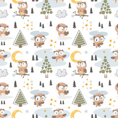Cute Owl Nursery seamless pattern 