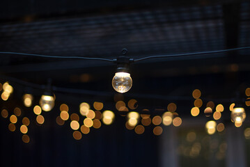 Electric lamp garlands with different size bulbs hanging in a cafe, attached to the ceiling. Evening party or wedding decorations. Outdoor Patio String Light-Connectable Globe Lights