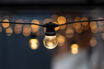 Electric lamp garlands with different size bulbs hanging in a cafe, attached to the ceiling....