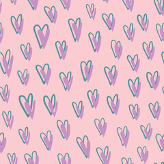 Cute hearts seamless repeat pattern. Doodled, vector love signs silhouettes and outlines all over surface print.