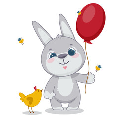 Bunny with a balloon in his paw. A child character. Cute cartoon style. Postcard. Poster. Decorative element