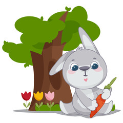 Obraz na płótnie Canvas The bunny is sitting under a tree in the grass and flowers holding a carrot in his paws. Postcard. A child character. Cute cartoon rabbit.