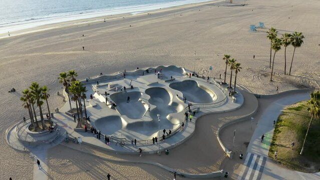 Drone view of the skatepark at Venice Beach.  Skatepark with Bikers and Palm trees. Venice Beach Skatepark,  Sunset in Los Angeles. Aerial view of the best skatepark.