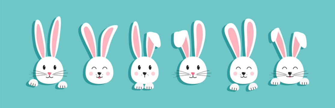 Easter bunny head vector icon, cartoon rabbit, white cute character. Funny animal illustration
