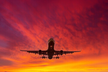 Airplane flying against the background of a bright red orange texture sky at dawn in the morning.