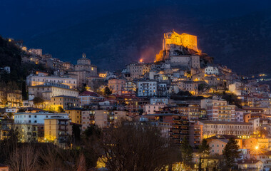 The beautiful town of Subiaco illuminated in the evening. Province of Rome, Lazio, Italy.