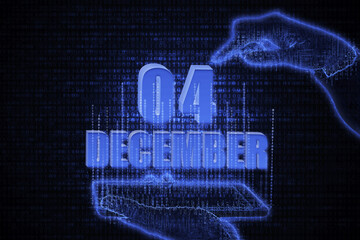 December 4th. A hand holding a phone with a calendar date on a futuristic neon blue background. Day 4 of month.