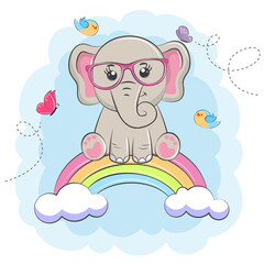 Cute cartoon baby elephant, sitting on the rainbow.