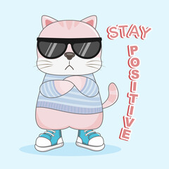 Cute cartoon baby cat in black sunglasses.