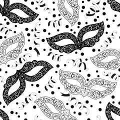Elegant theatrical masks. Black and white vector seamless pattern.