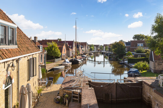 View of the beautiful picturesque town of Hindeloopen in Friesland in the Netherlands.