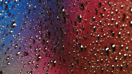 Blurred water drops on uneven surface in dark blue red purple color background