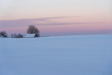 Sunset in winter, behind the hill between the trees you can see the barn roof © Janis