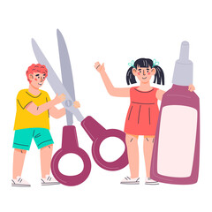 Kids boy and girl with scissors and glue for paper craft, flat cartoon vector illustration isolated on white background. Creative children cartoon character. Kids hobby, crafts and arts.