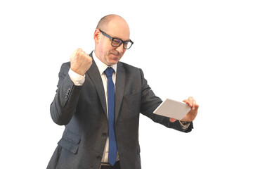 joyful man with a tablet. happy businessman holding touchpad isolated on  background. concept of online communication, negotiations