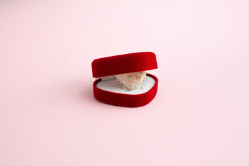 Red engagement ring box with seashell inside isolated on rose background. Valentine or proposal or  wedding day composition. 