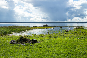 Camp Fire Place and cloudy weather at Kaesmu Estonia Baltics Beach and Stones Landscape