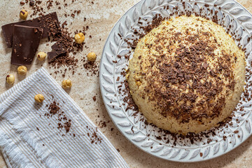 Zuccotto parfait with biscuits, hazelnuts and dark chocolate.
