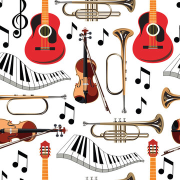 Musical instruments. Seamless pattern. Set of isolated objects. Vector image.