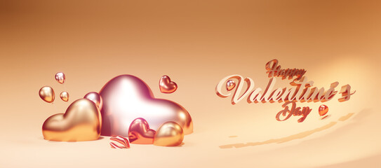 Happy Valentine's Day Gold heart Pink | Poster or banner with metallic heart, Valentine elements on gold background.