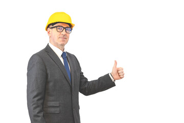 A man shows a gesture with his hands. A man builder in a suit  