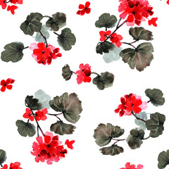 Seamless watercolor floral pattern with geranium. Design for packaging, textur, fabric, wallpaper, webside, card.