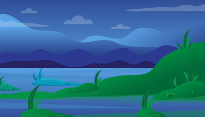 Fototapeta na wymiar Beautiful landscape of mountain, sky and water with green nature around vector illustration.