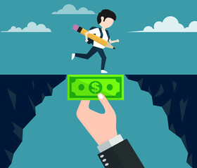 Education and money concept vector. education loan.  A businessman hand holding a dollar bill for passersby.