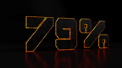 Digital outline of a orange 79% sign on a black background, 3d render illustration.